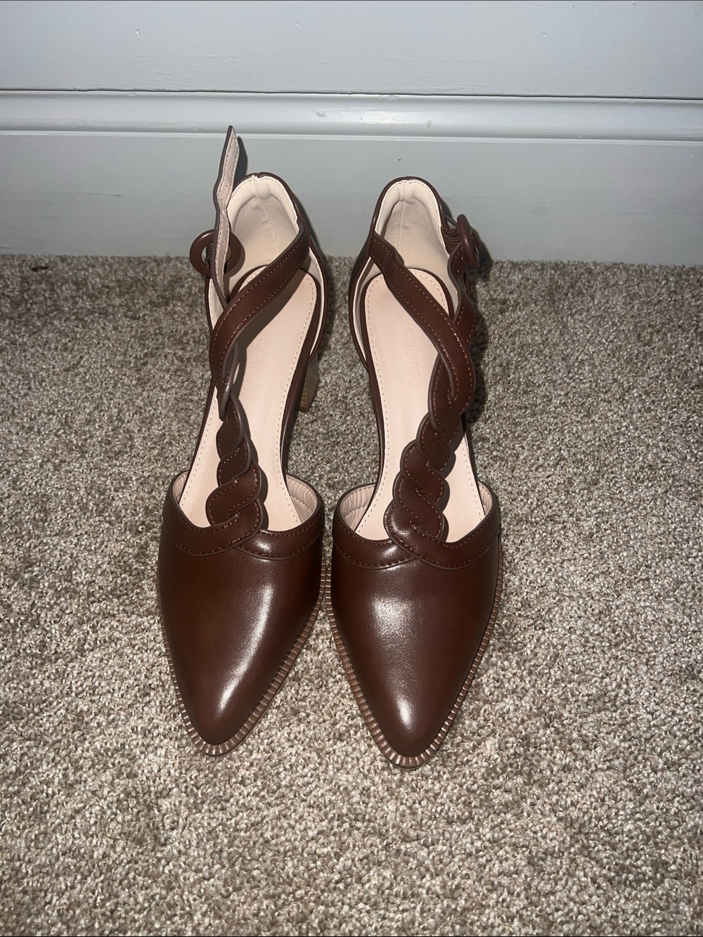 Coutgo Brown Braided Strap Pointed Toe Womens Heels
